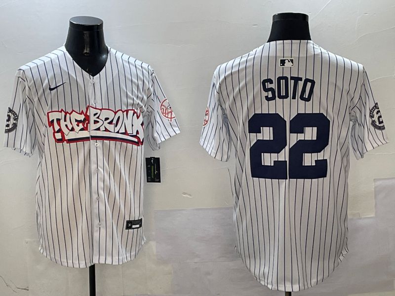 Men New York Yankees #22 Soto White Stripe four generations Joint Name 2025 Nike MLB Jersey style 1